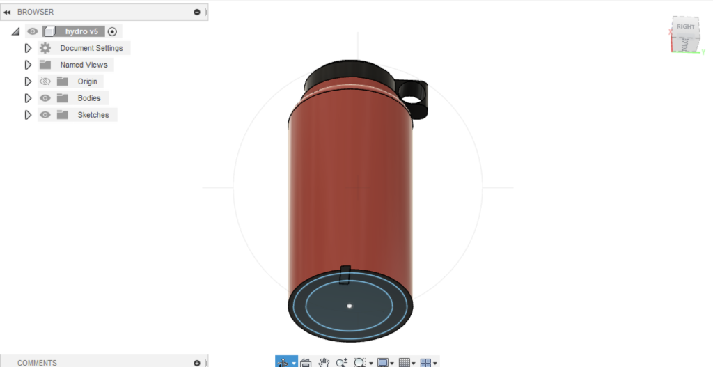 A bottom-down view of the red water bottle, which shows a rectangular dent in it.
