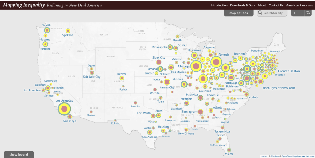 Screenshot of mapping inequality. Overview map America showing city proportions of each graded area.
