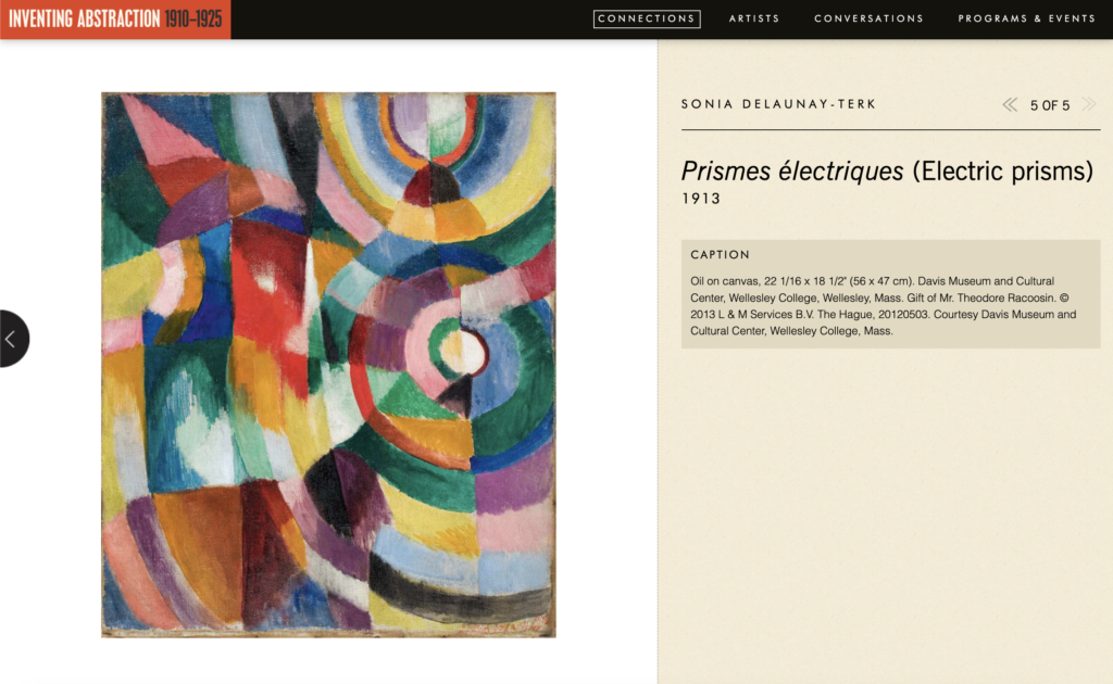 Shows a screenshot of the painting Prismes électriques by Sonia Delaunay-Terk, along with a caption mentioning the date painted and materials (1913 and oil on canvas).