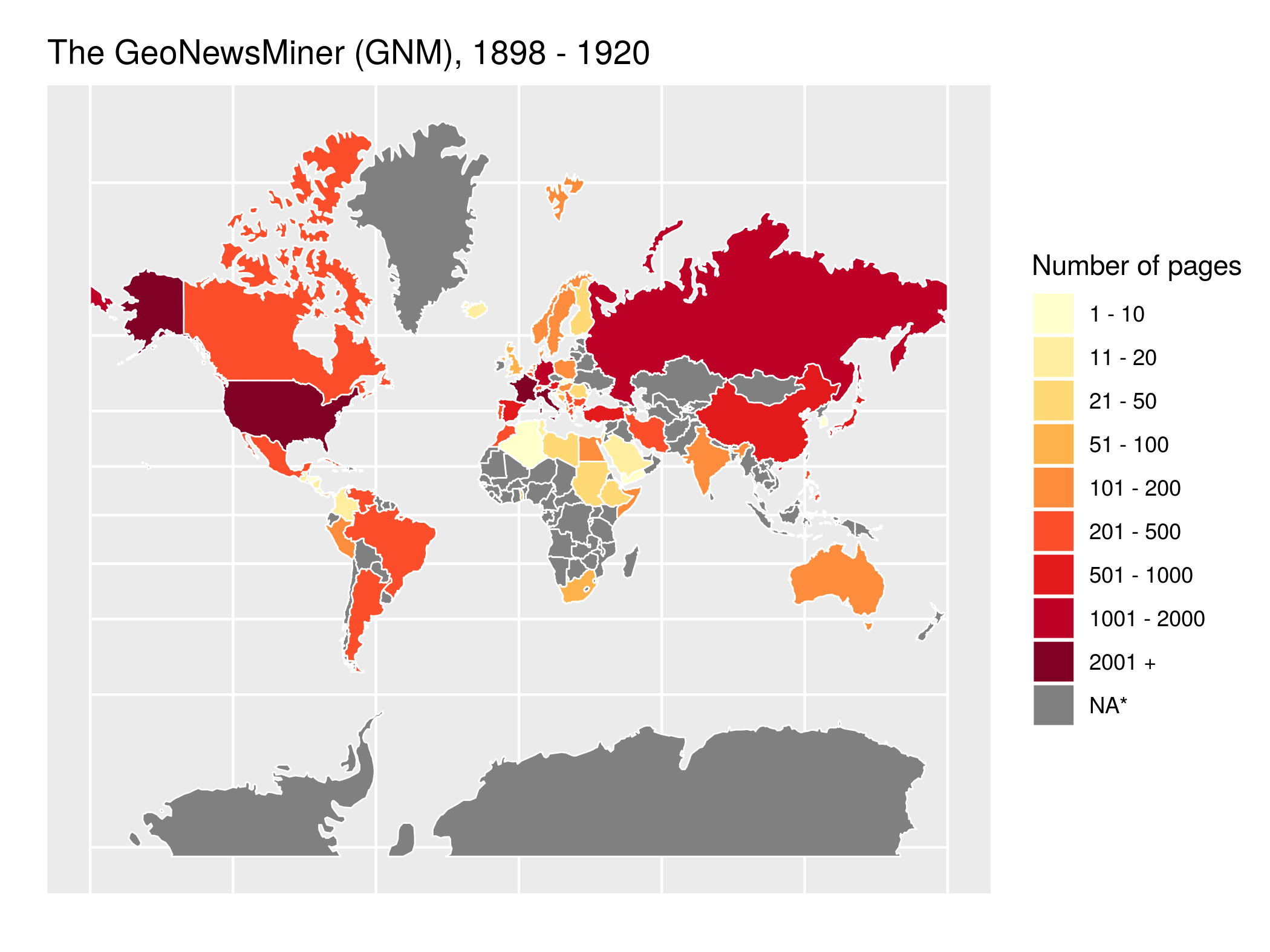 Color coded map of countries' pages in newspaper